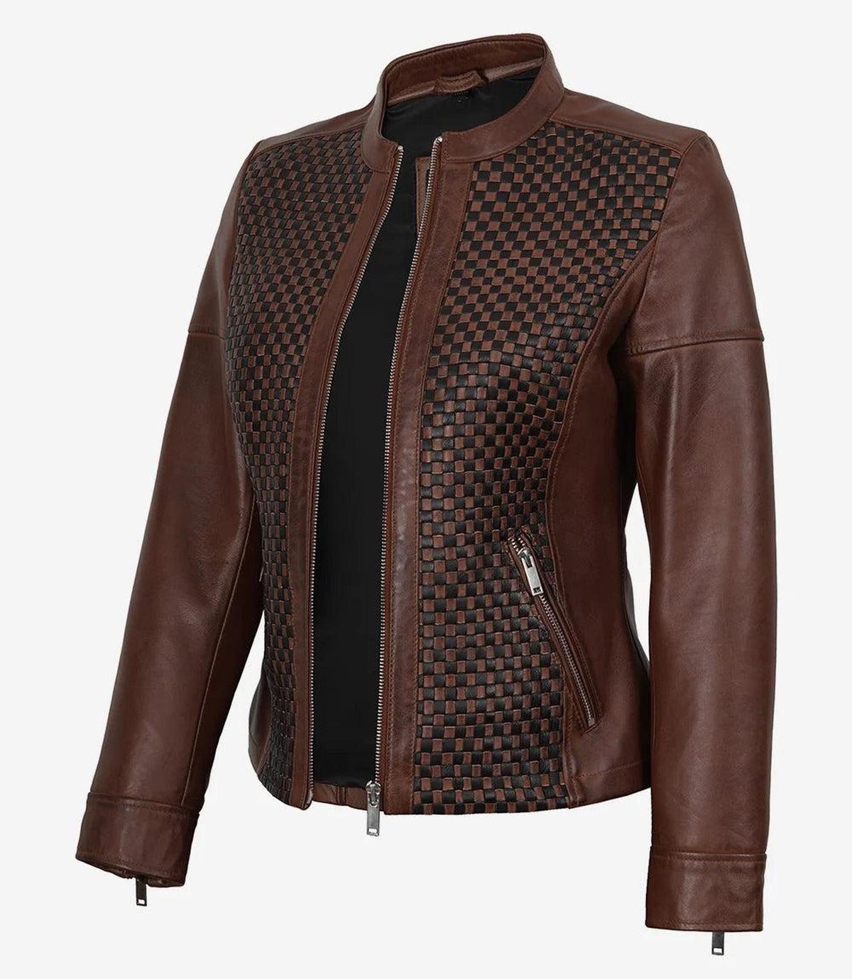 Cognac Leather Jacket with Checkered Panel Design 2
