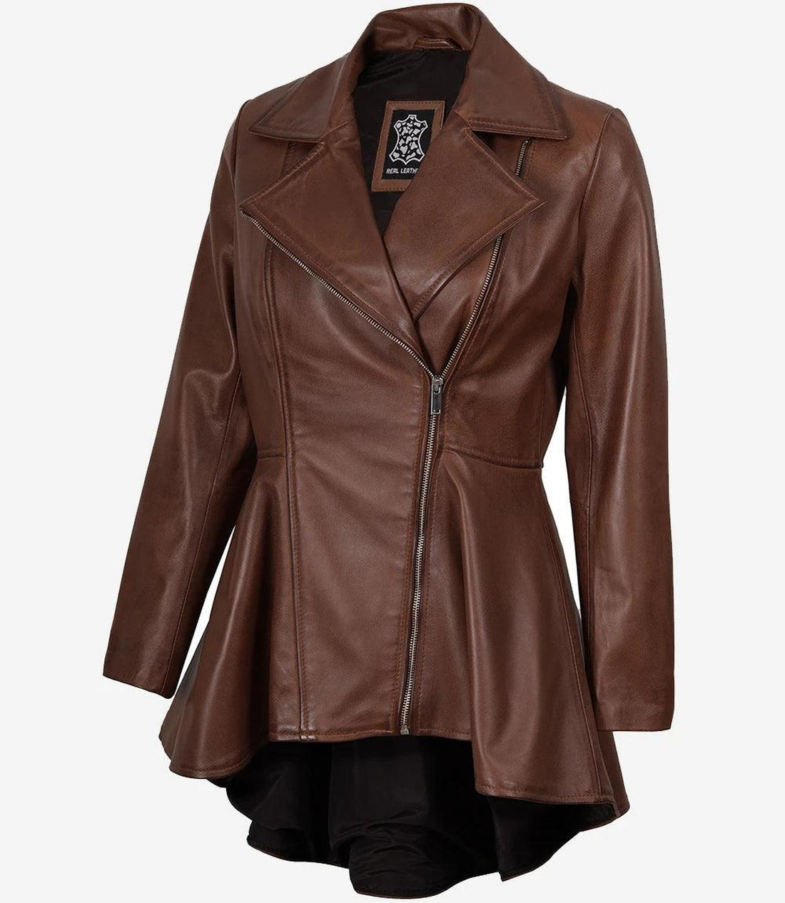 Cognac Peplum Leather Jacket with Asymmetrical Zip-Leather Jackets-Glompi-XS-Glompi
