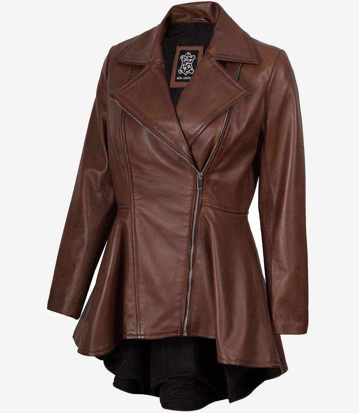 Cognac Peplum Leather Jacket with Asymmetrical Zip-Leather Jackets-Glompi-Glompi