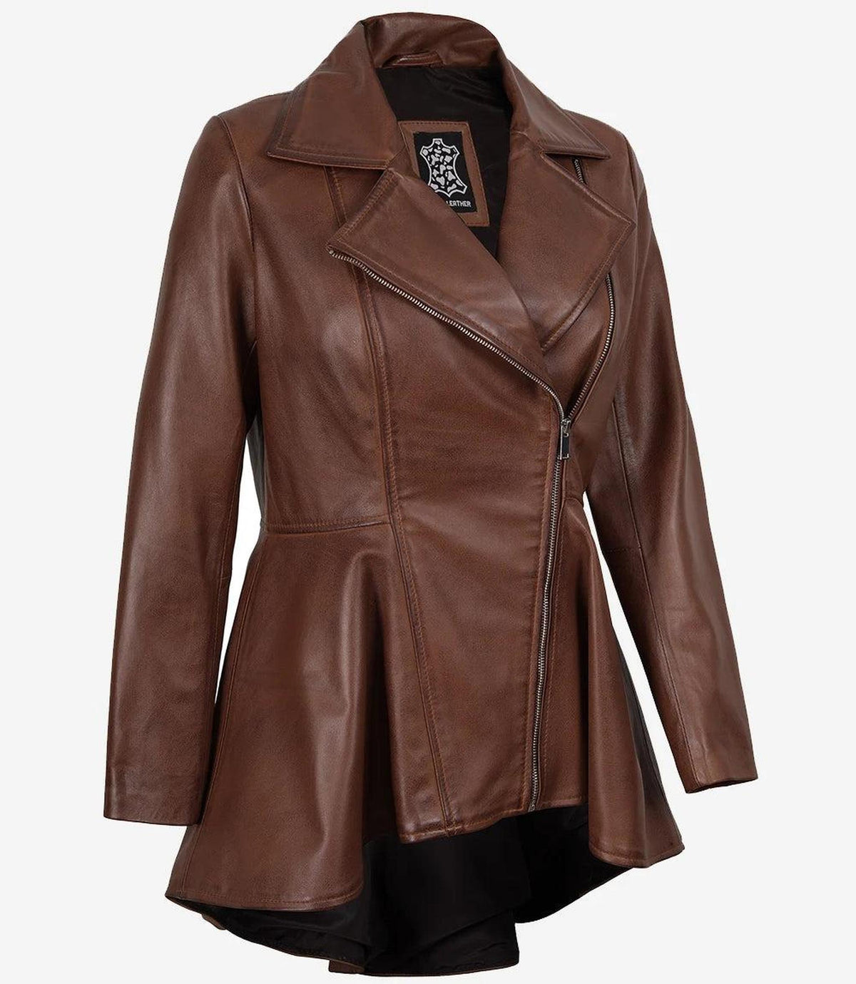 Cognac Peplum Leather Jacket with Asymmetrical Zip-Leather Jackets-Glompi-Glompi