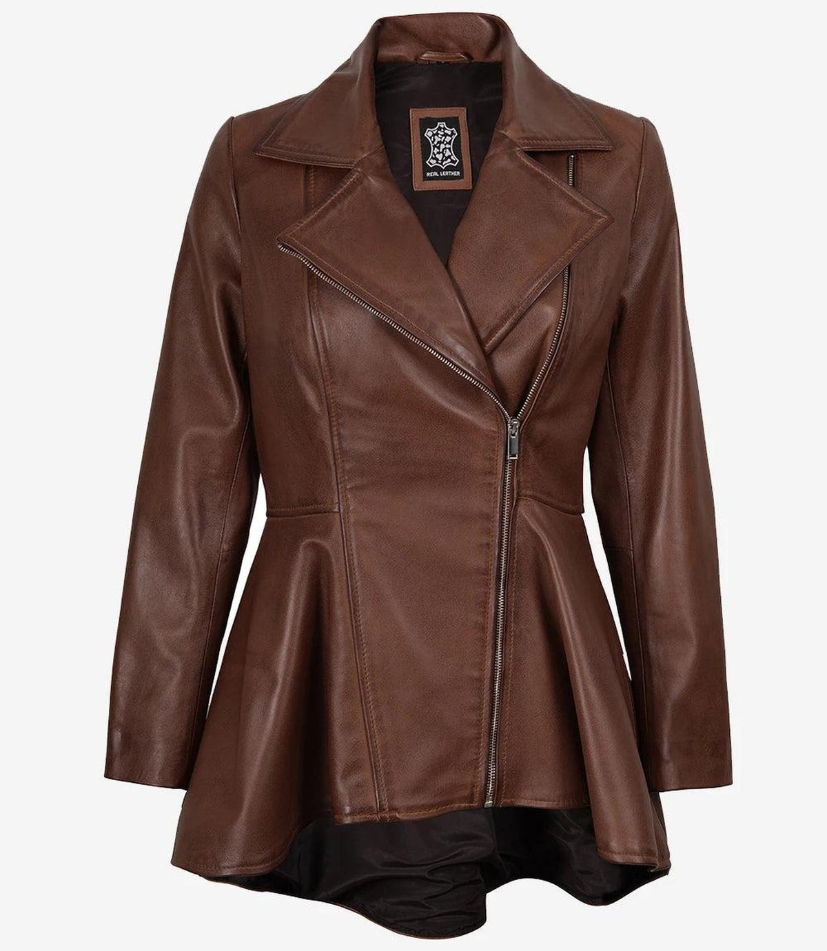 Cognac Peplum Leather Jacket with Asymmetrical Zip-Leather Jackets-Glompi-XS-Glompi