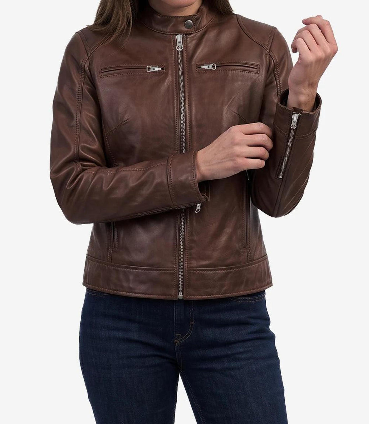 Cognac Real Leather Biker Jacket for Women-Leather Jackets-Glompi-Glompi