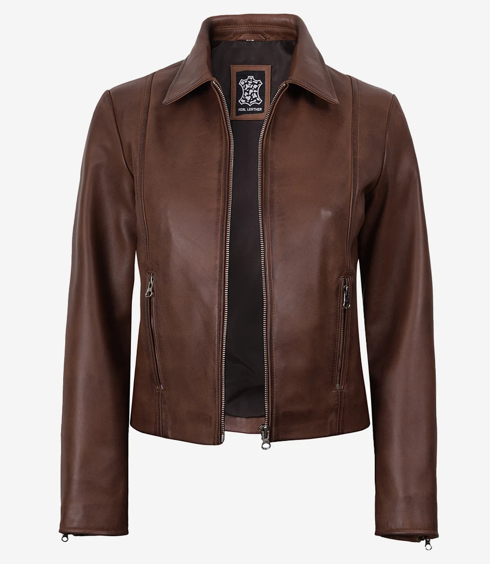 Cognac Waxed Leather Jacket for Women with Classic Shirt Collar-Leather Jackets-Glompi-Glompi