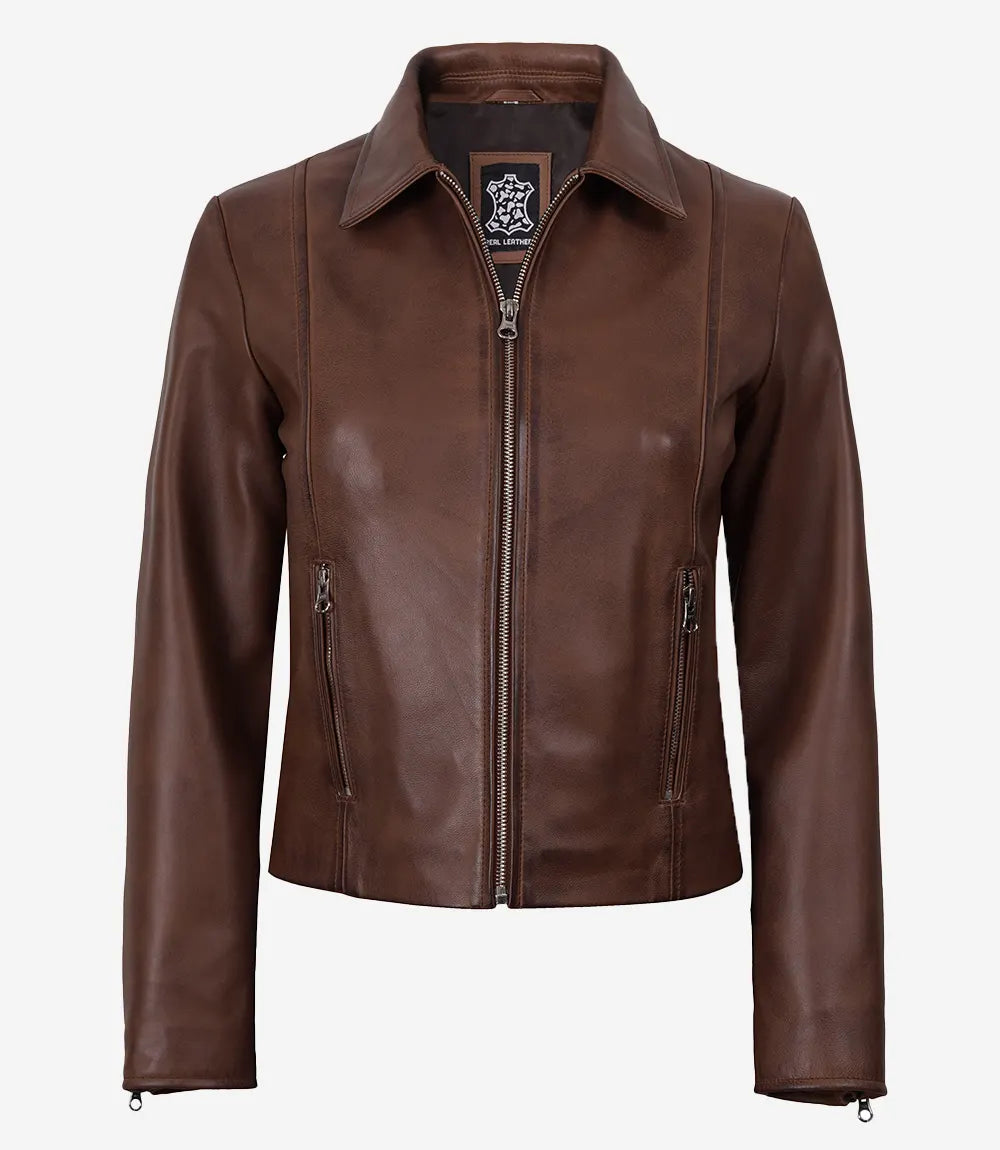 Cognac Waxed Leather Jacket for Women with Classic Shirt Collar-Leather Jackets-Glompi-Glompi
