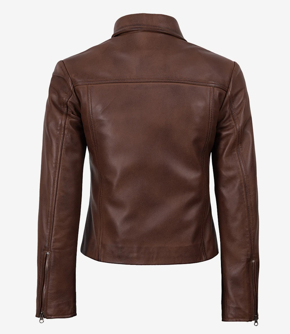Cognac Waxed Leather Jacket for Women with Classic Shirt Collar-Leather Jackets-Glompi-Glompi