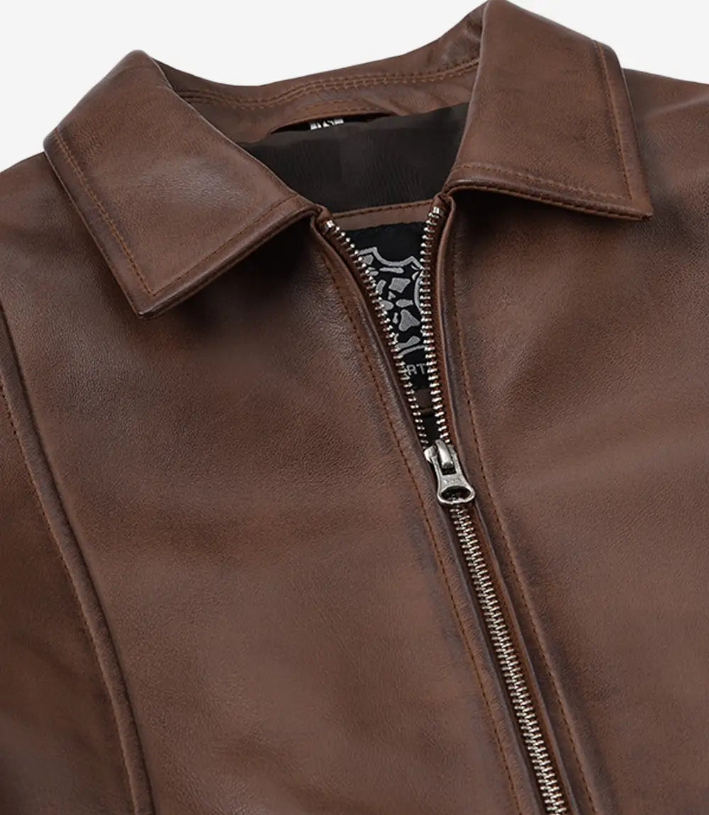 Cognac Waxed Leather Jacket for Women with Classic Shirt Collar-Leather Jackets-Glompi-Glompi