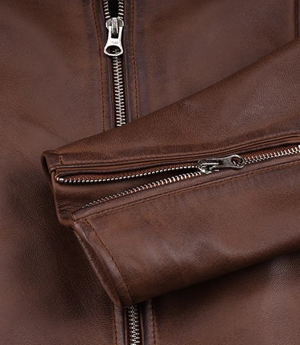 Cognac Waxed Leather Jacket for Women with Classic Shirt Collar-Leather Jackets-Glompi-Glompi