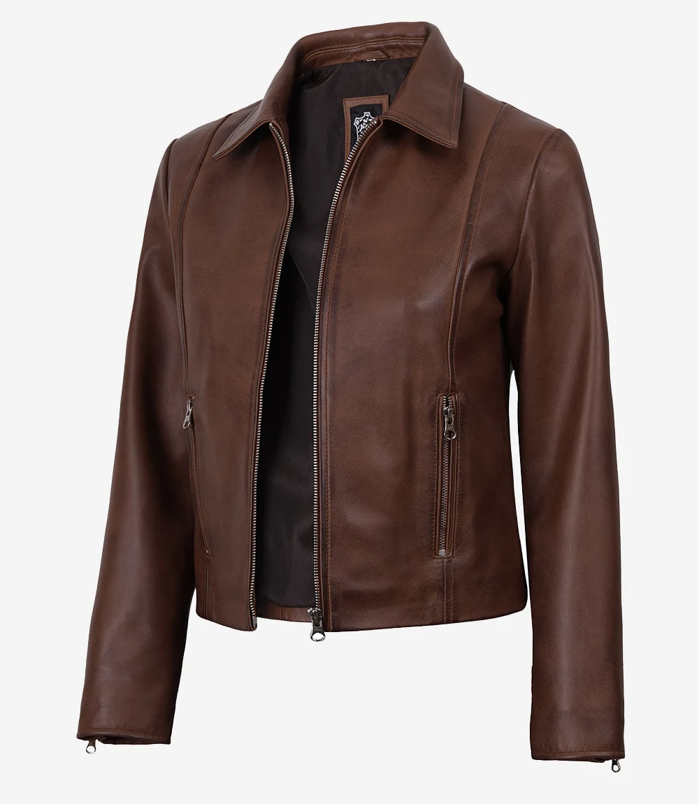 Cognac Waxed Leather Jacket for Women with Classic Shirt Collar-Leather Jackets-Glompi-XS-Glompi