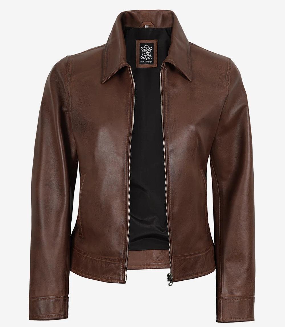 Cognac Waxed Leather Jacket with Structured Shirt Collar-Leather Jackets-Glompi-Glompi