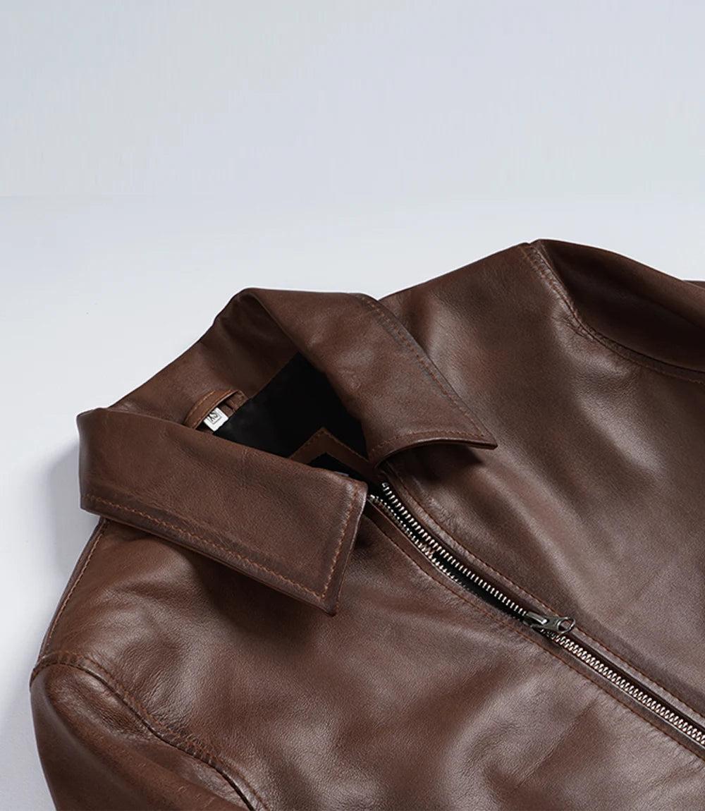Cognac Waxed Leather Jacket with Structured Shirt Collar-Leather Jackets-Glompi-Glompi