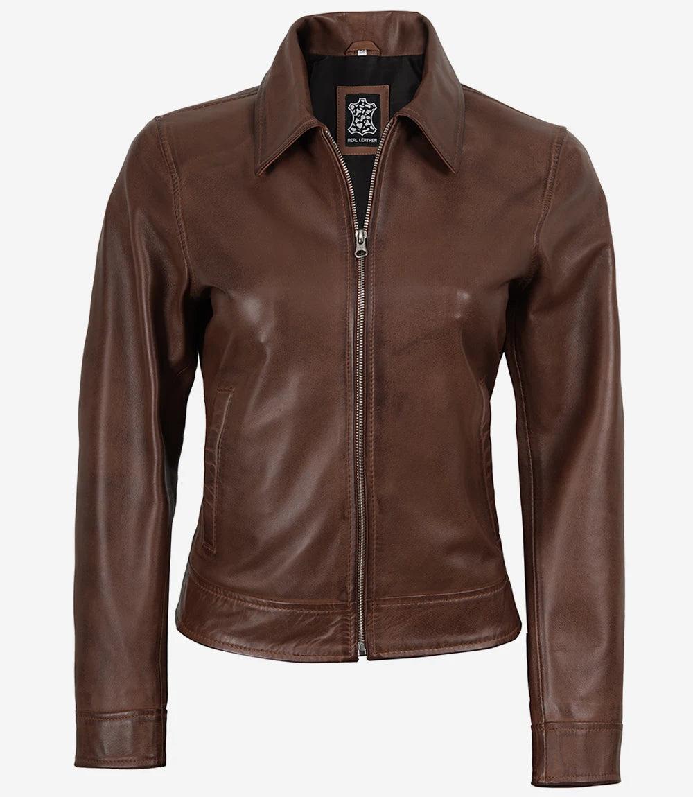 Cognac Waxed Leather Jacket with Structured Shirt Collar-Leather Jackets-Glompi-Glompi