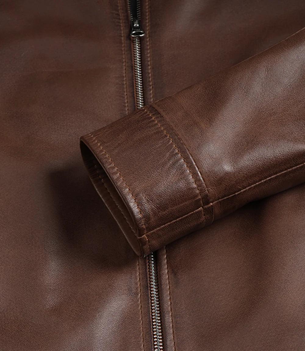 Cognac Waxed Leather Jacket with Structured Shirt Collar-Leather Jackets-Glompi-Glompi