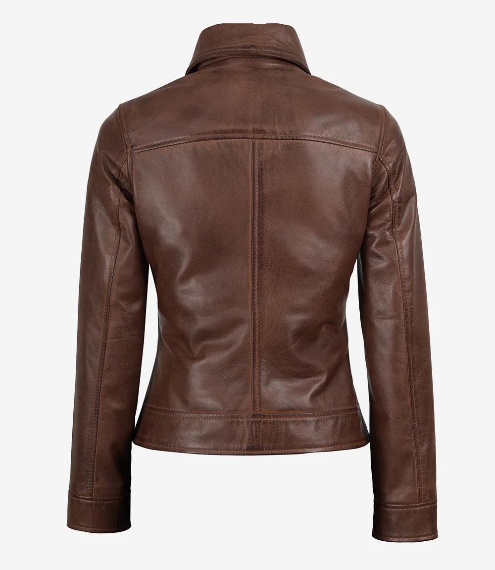 Cognac Waxed Leather Jacket with Structured Shirt Collar-Leather Jackets-Glompi-Glompi