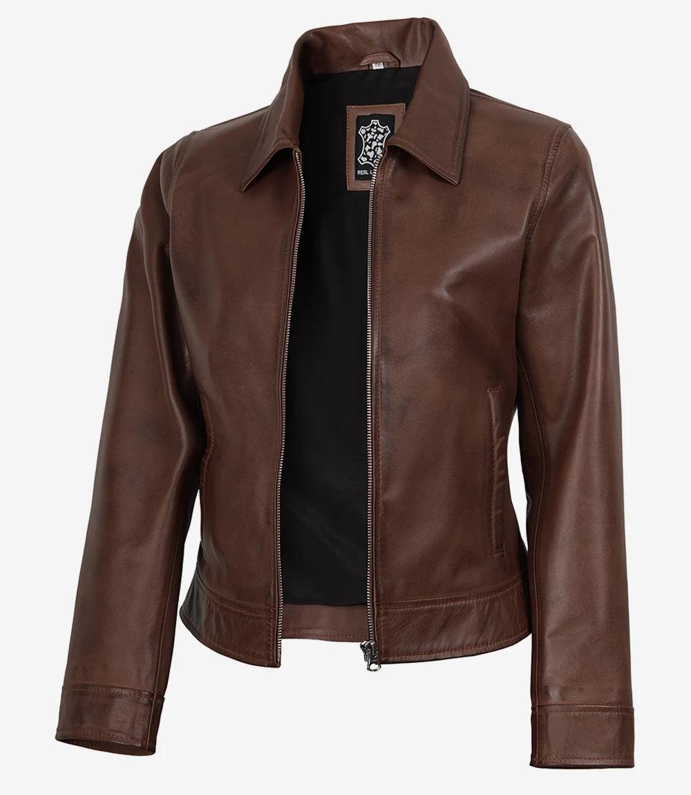 Cognac Waxed Leather Jacket with Structured Shirt Collar-Leather Jackets-Glompi-XS-Glompi
