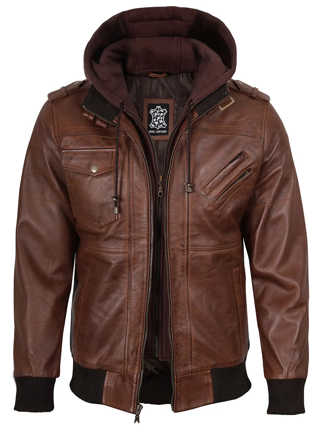 Cognac Brown Bomber Leather Jacket with Removable Hood 0