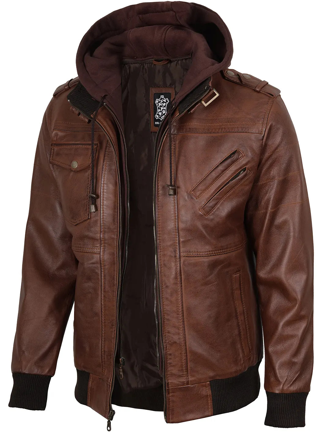 Cognac Brown Bomber Leather Jacket with Removable Hood 1