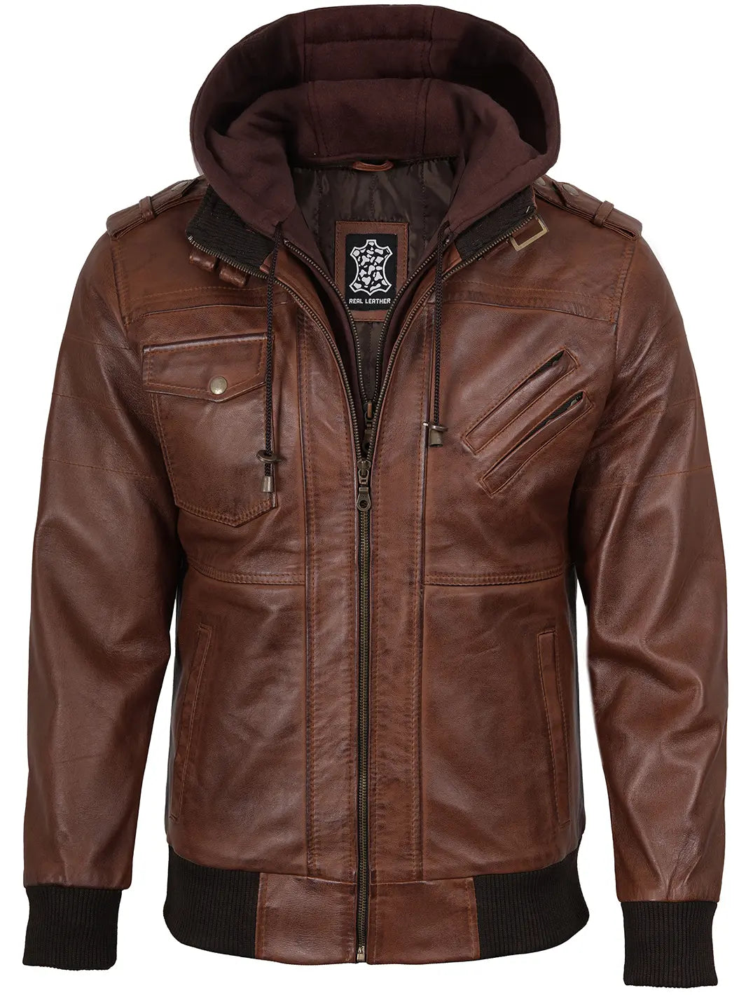 Cognac Brown Bomber Leather Jacket with Removable Hood 2