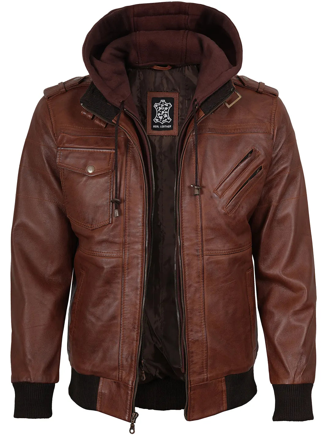 Cognac Brown Bomber Leather Jacket with Removable Hood 3
