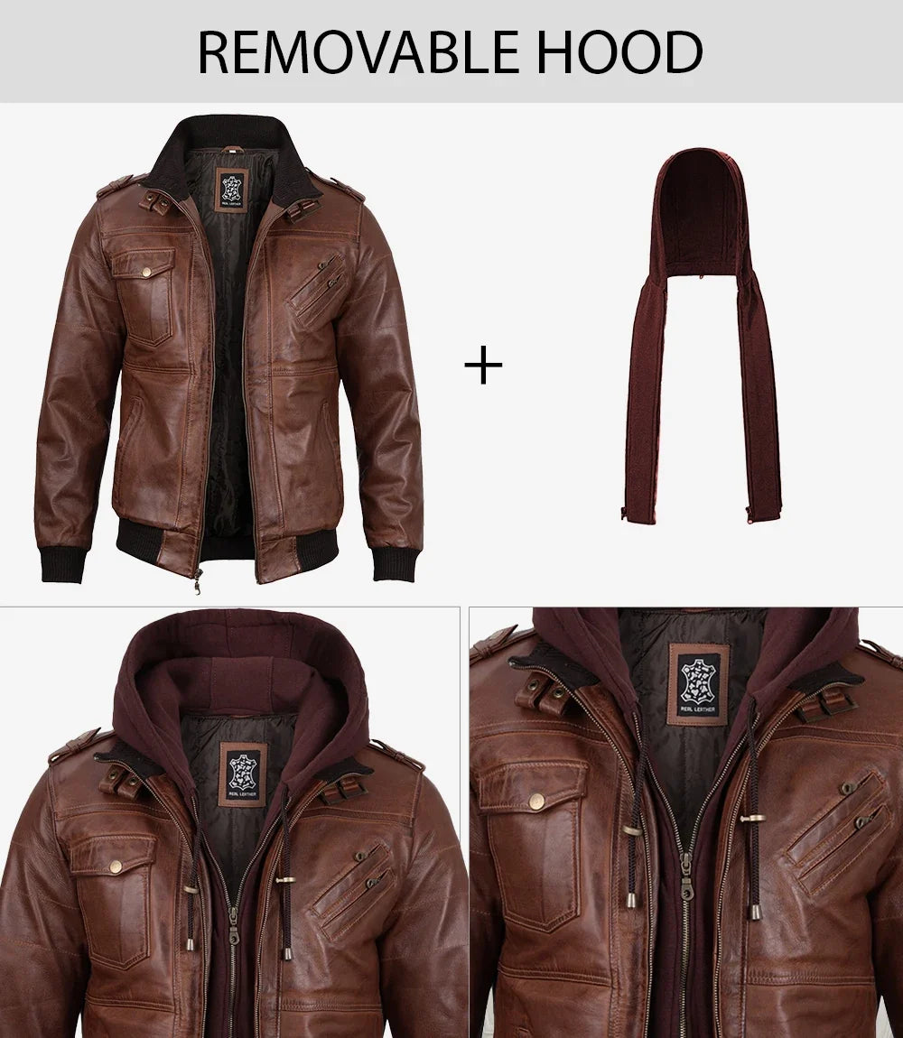 Cognac Brown Bomber Leather Jacket with Removable Hood 4