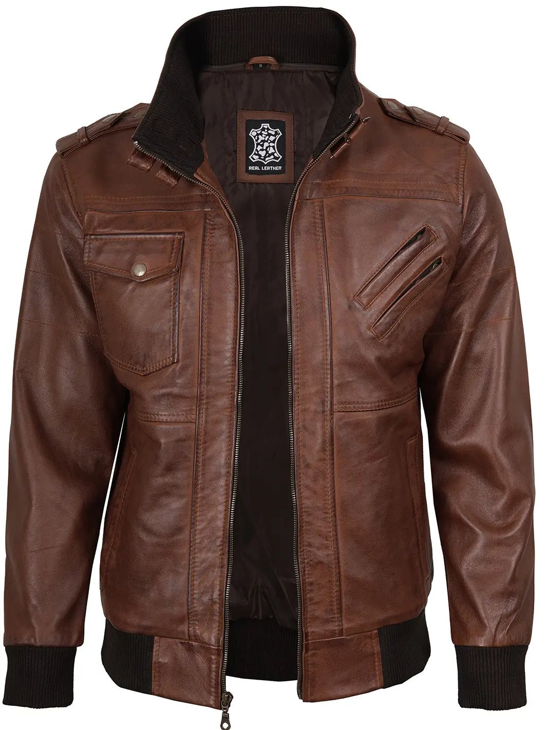 Cognac Brown Bomber Leather Jacket with Removable Hood 5