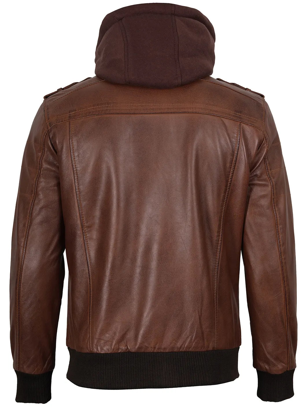 Cognac Brown Bomber Leather Jacket with Removable Hood 6