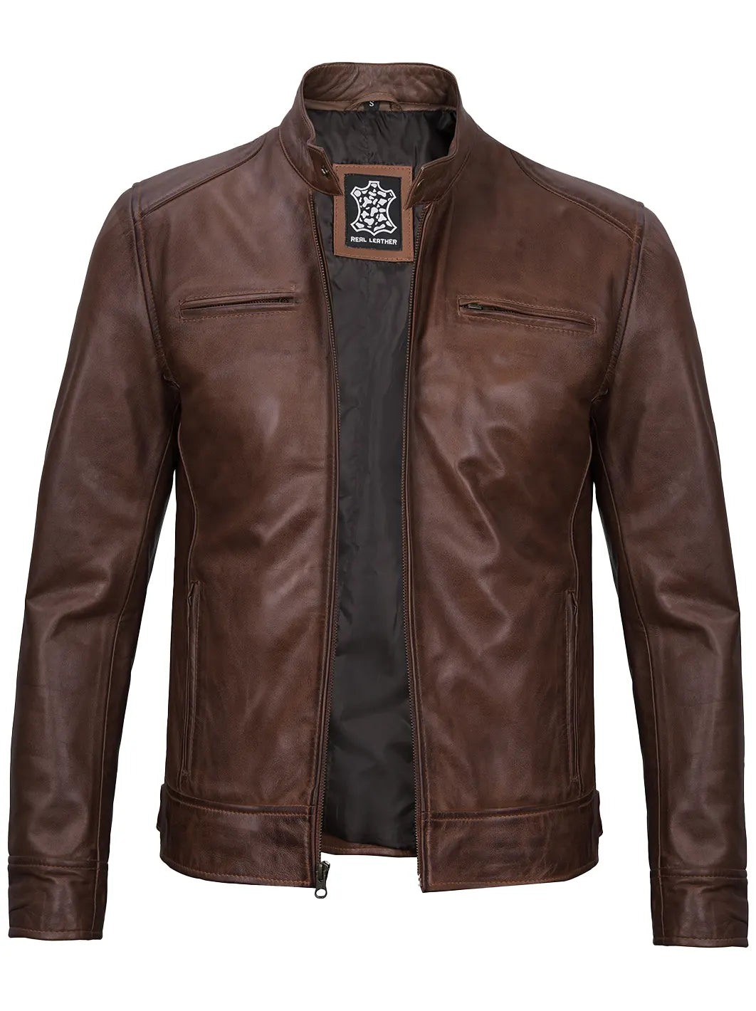 Cognac Brown Leather Jacket for Men - Stylish Cafe Racer Design 0