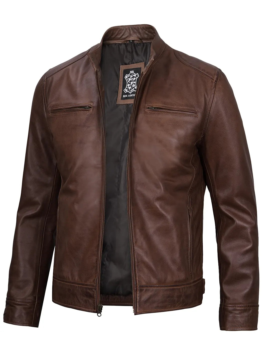 Cognac Brown Leather Jacket for Men - Stylish Cafe Racer Design 1