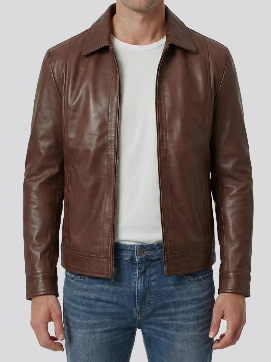 Cognac Brown Men's Leather Harrington Jacket with Pockets 0