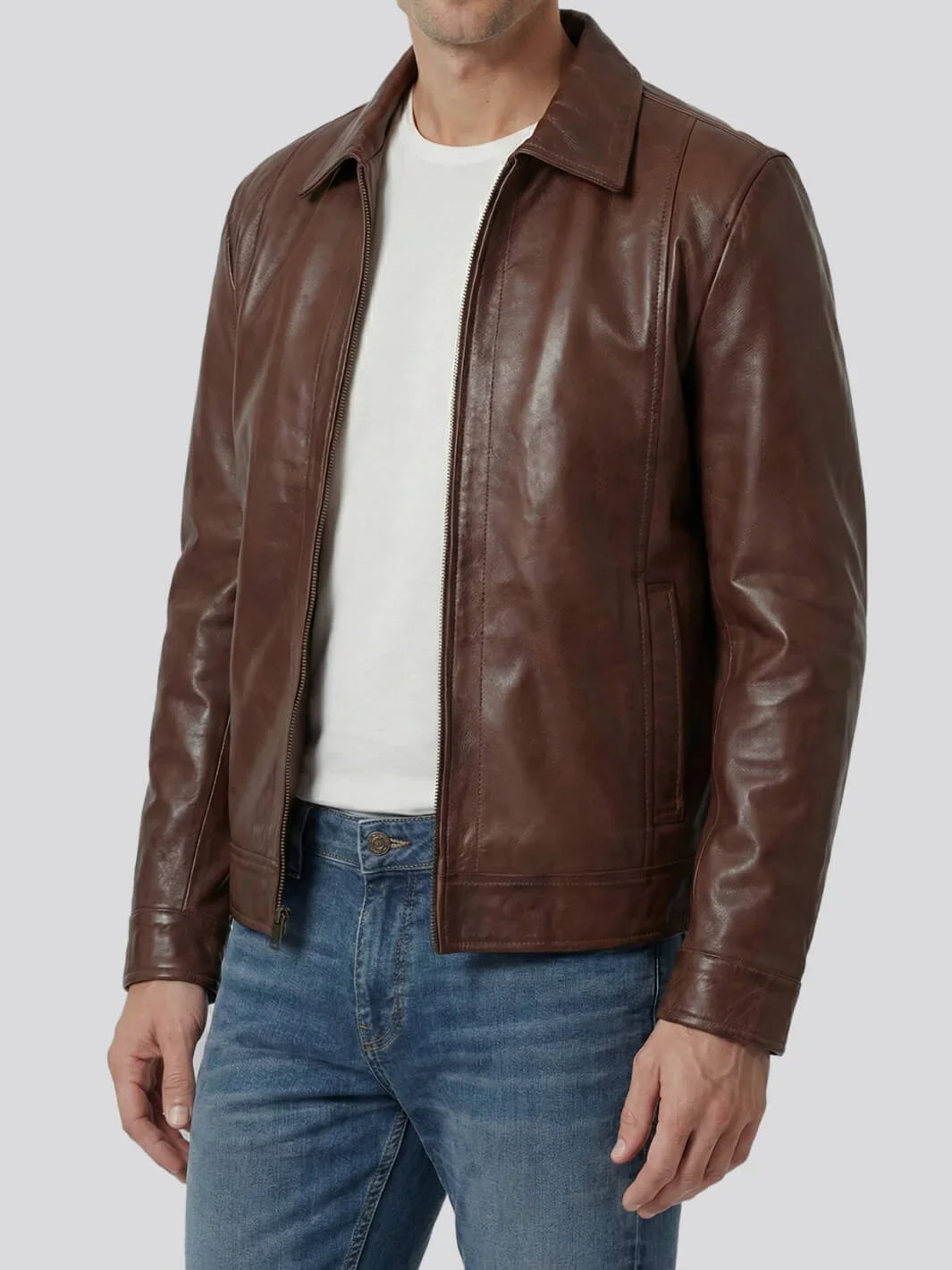 Cognac Brown Men's Leather Harrington Jacket with Pockets 1