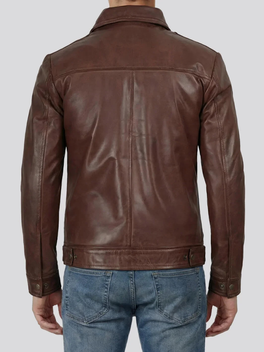 Cognac Brown Men's Leather Harrington Jacket with Pockets 2