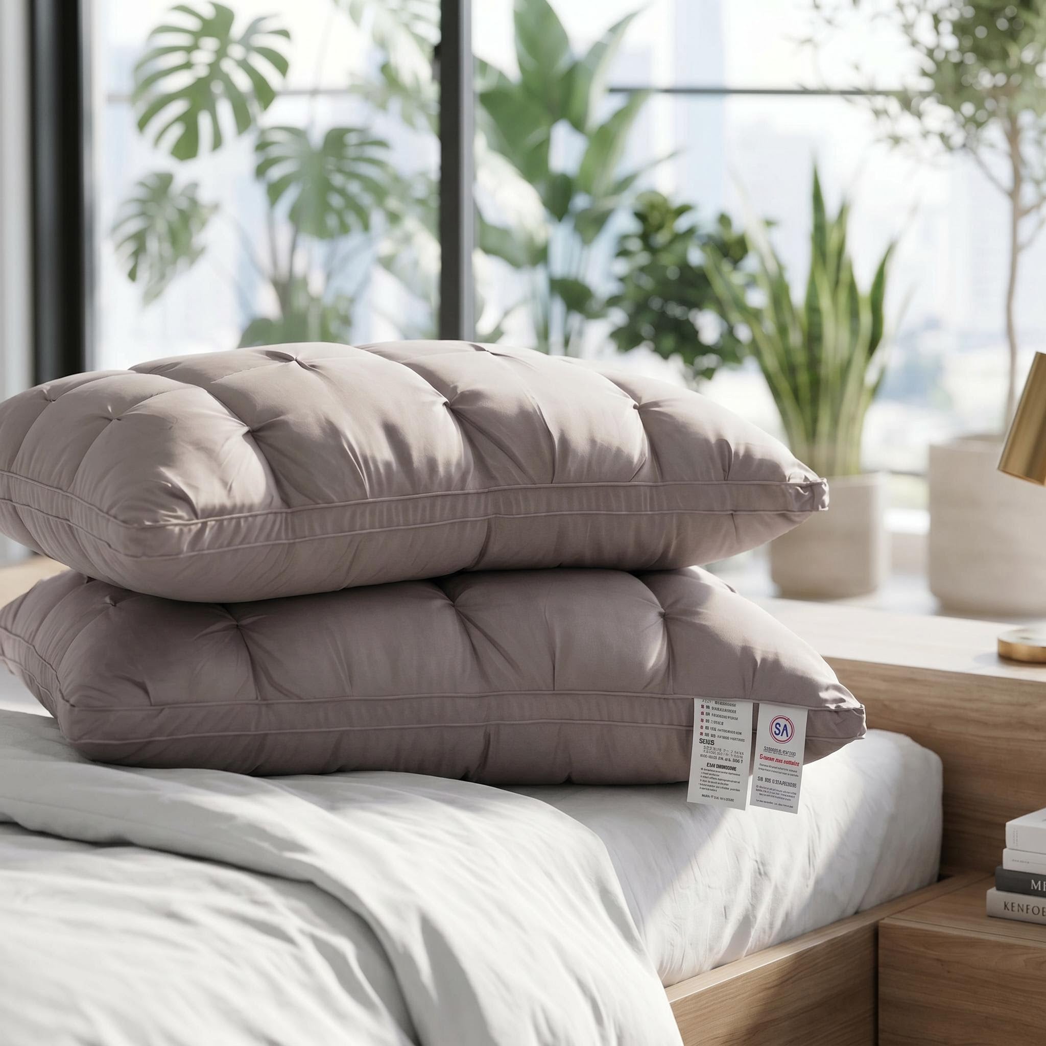 Two stacked Comfort Core Pillows in light brown with tufted polyester fabric on a white bed.