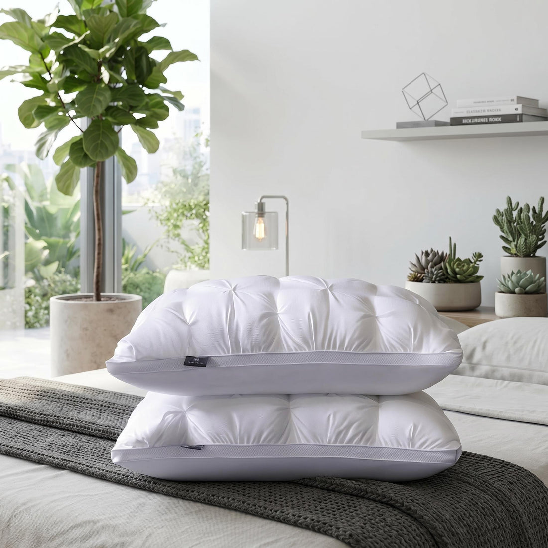 Two white Comfort Core pillows with a tufted design, stacked on a bed with a gray throw.