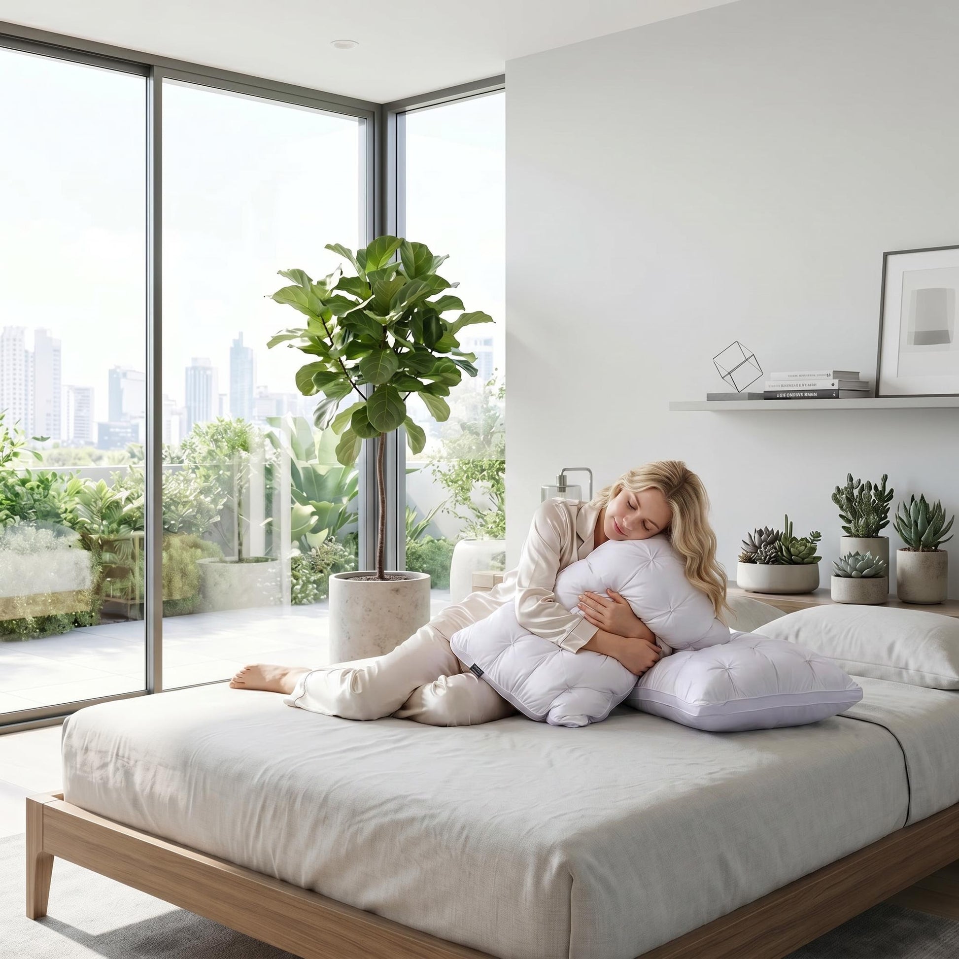 Blonde woman hugging a white Comfort Core Pillow on a bed in a bright, modern bedroom.