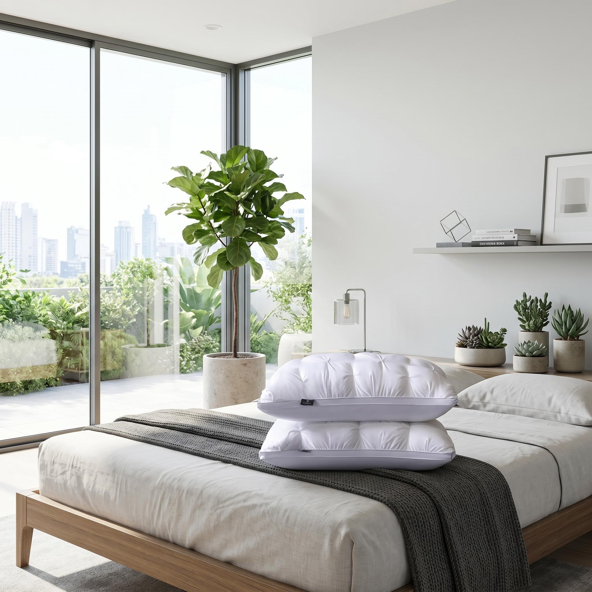 Two white Comfort Core Pillows with a quilted design stacked on a bed in a modern bedroom.