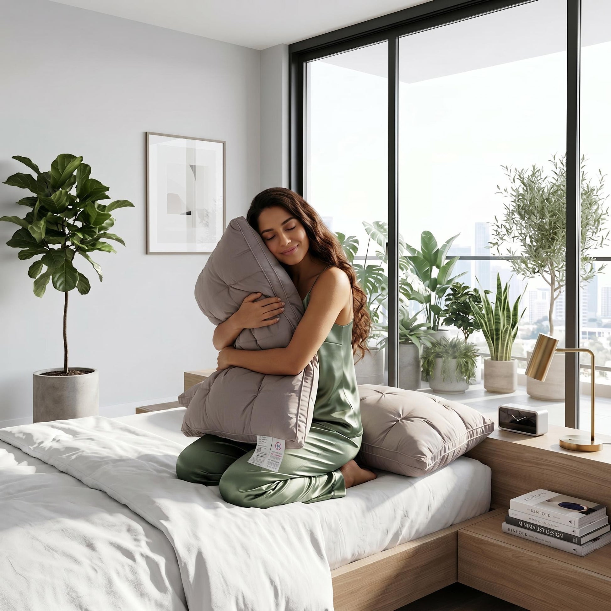 Smiling woman in green pajamas hugging a soft, taupe Comfort Core Pillow on a bed in a bright, modern bedroom.