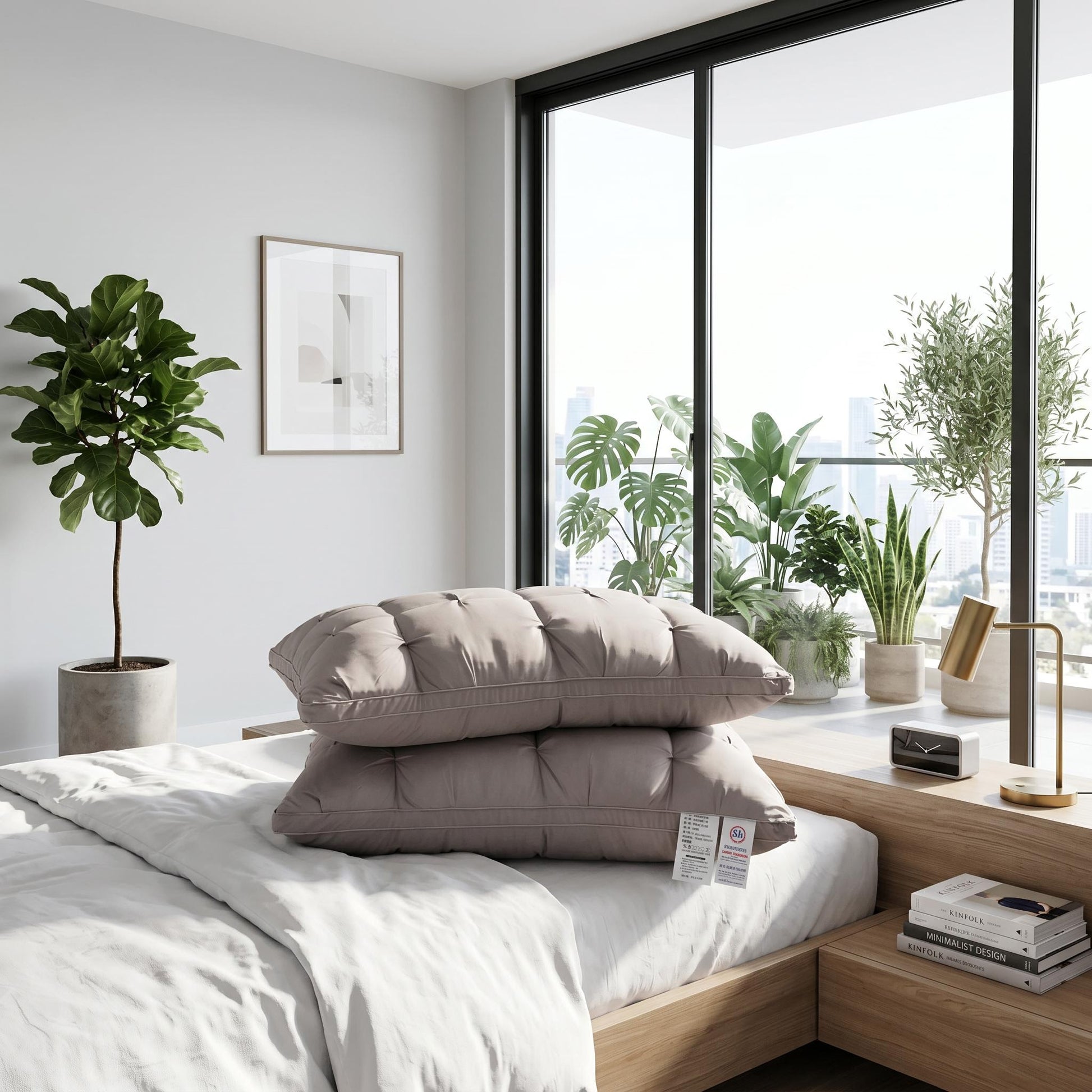 Two vacuum-compressed Comfort Core Pillows in a light taupe color, stacked on a bed in a modern bedroom.