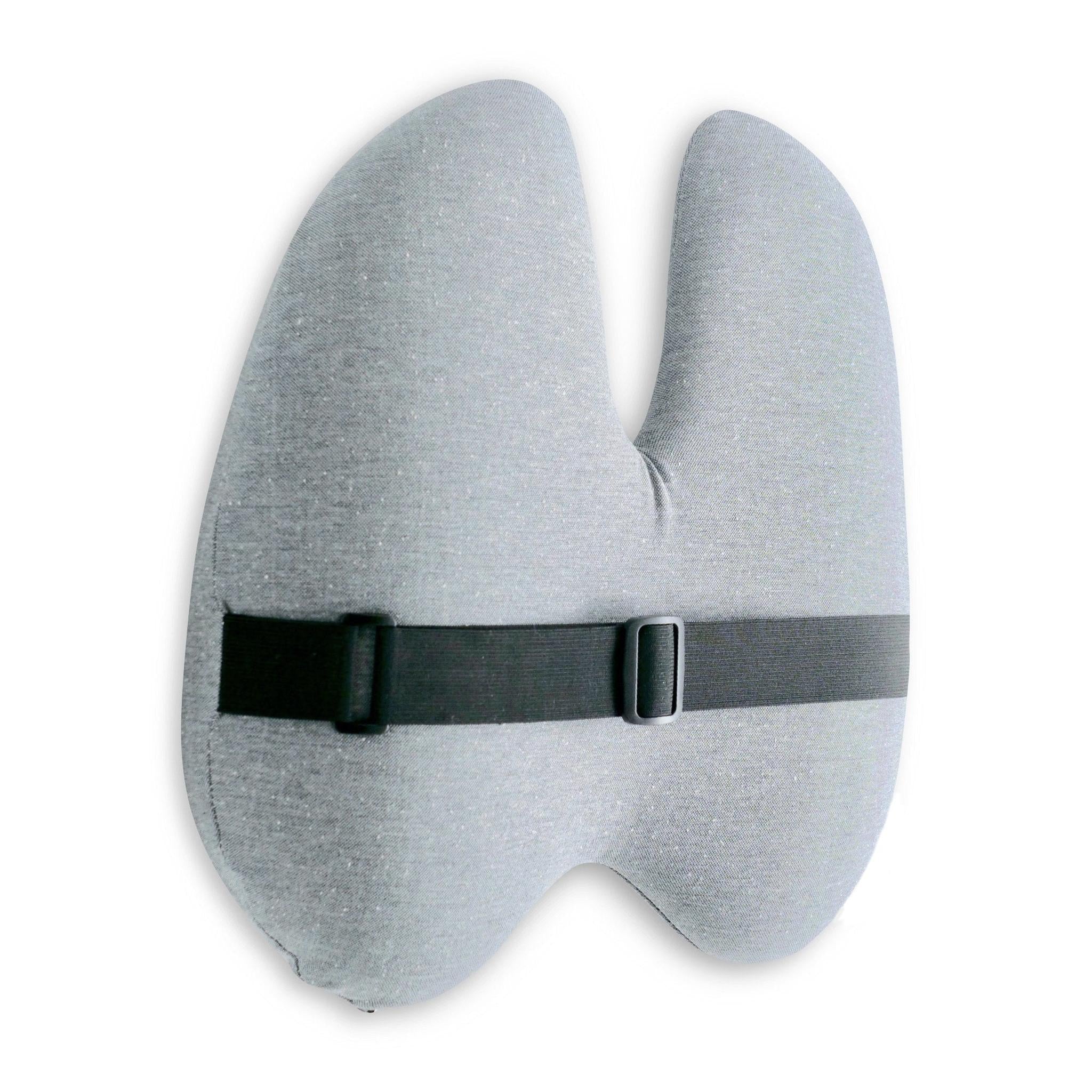 Light gray ergonomic back support cushion with a black adjustable strap and buckle.