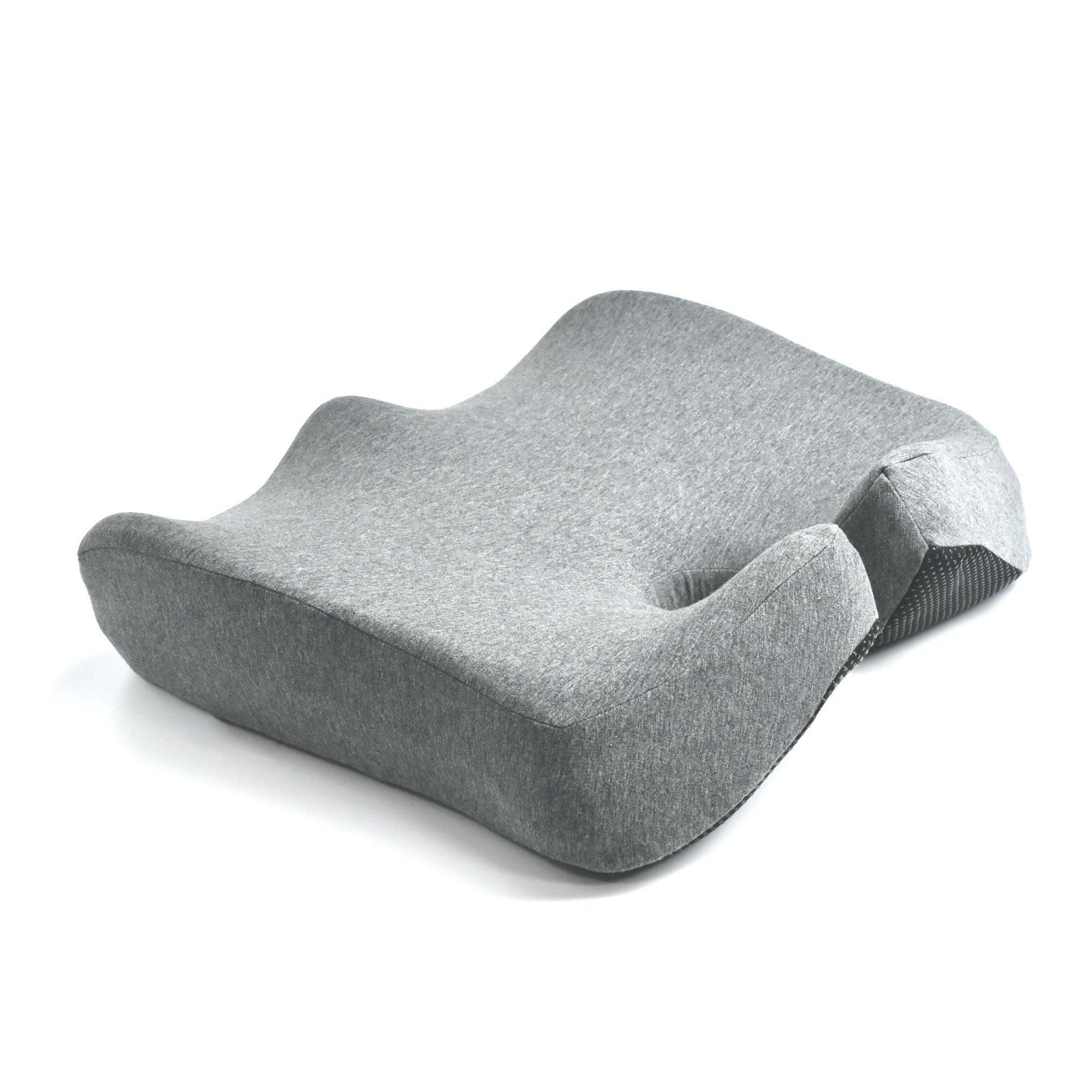 Gray ergonomic memory foam seat cushion with contoured design and breathable mesh side.