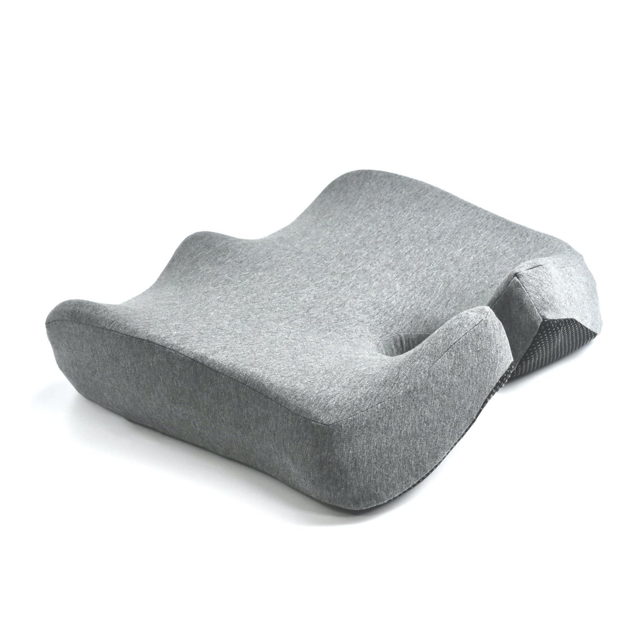 Gray ergonomic memory foam seat cushion with contoured design and breathable mesh side.