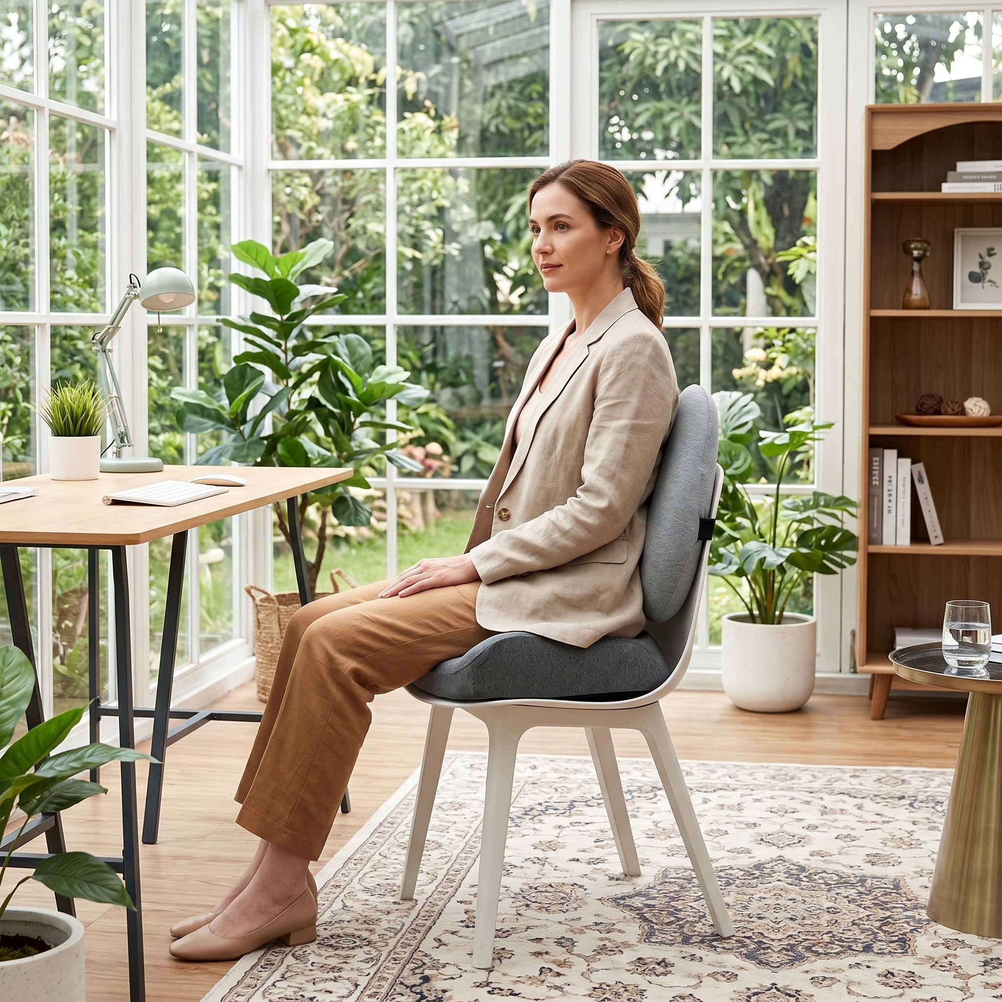 Woman sitting at a desk with a gray ergonomic foam seat and back cushion set on a white chair.