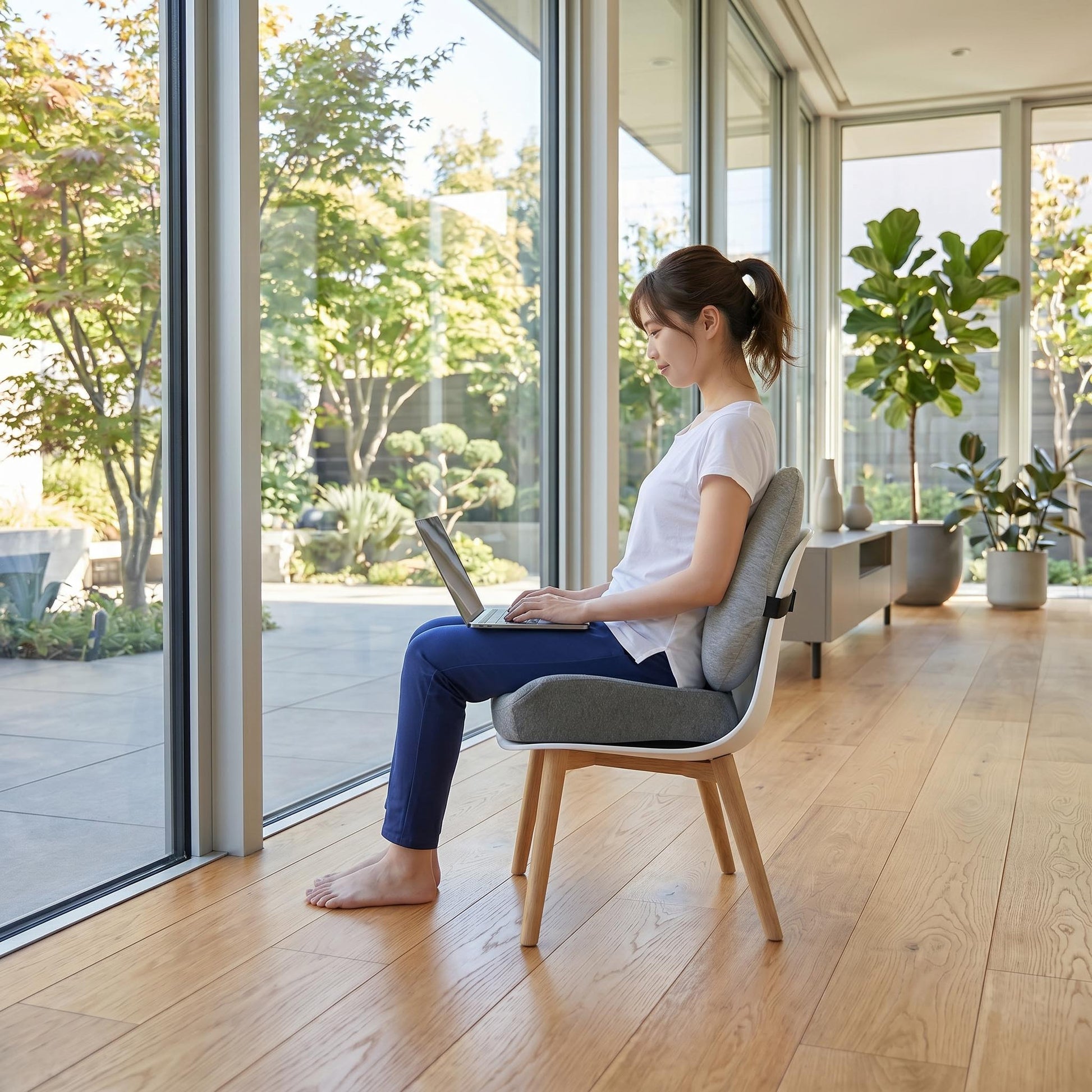 Woman sitting on a modern chair with a gray Comfort Seat Cushion Set, using a laptop by a large window.