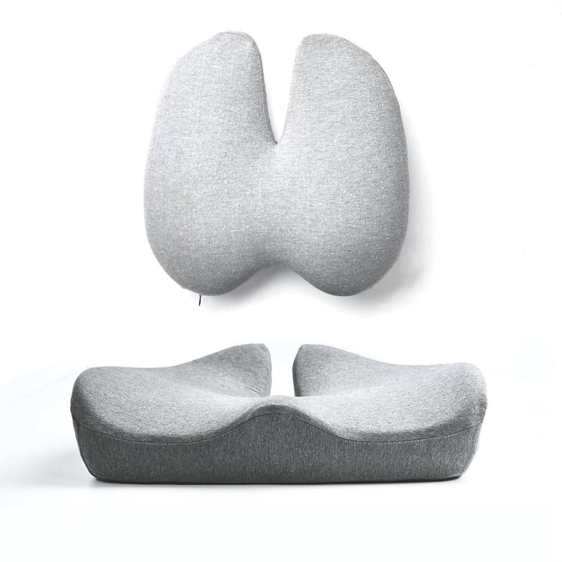 Gray ergonomic foam seat and back cushion set with soft, supportive texture.