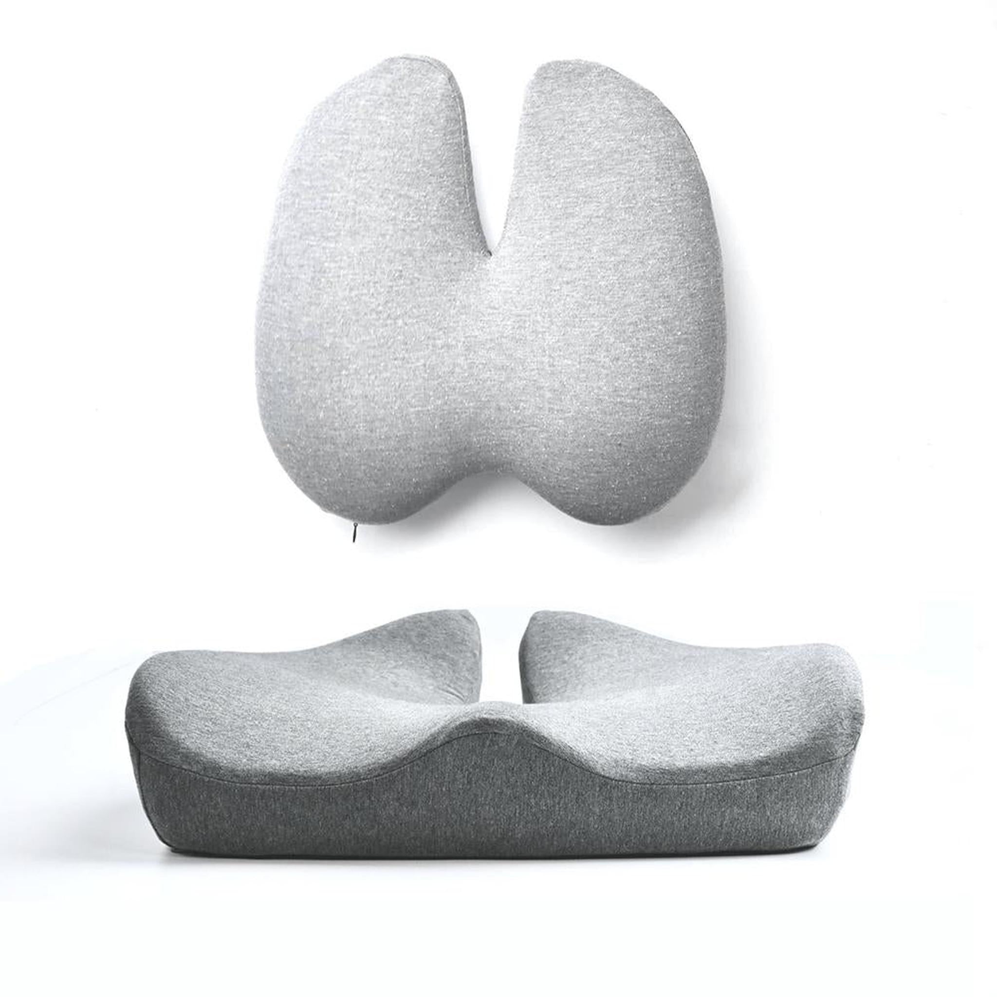 Gray ergonomic foam seat and back cushion set with soft, supportive texture.