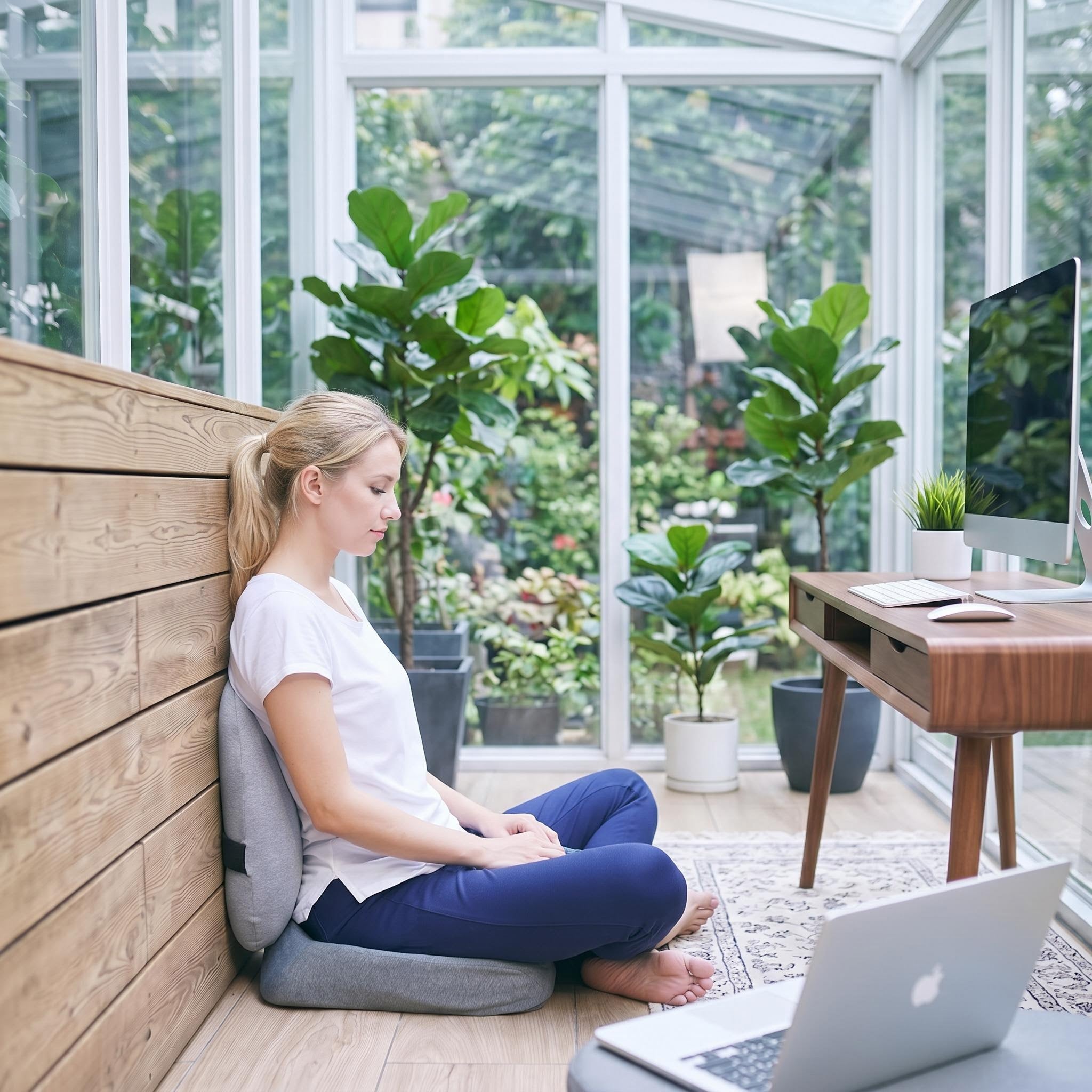 Woman sitting on a gray foam seat cushion with a matching back support cushion in a sunroom.