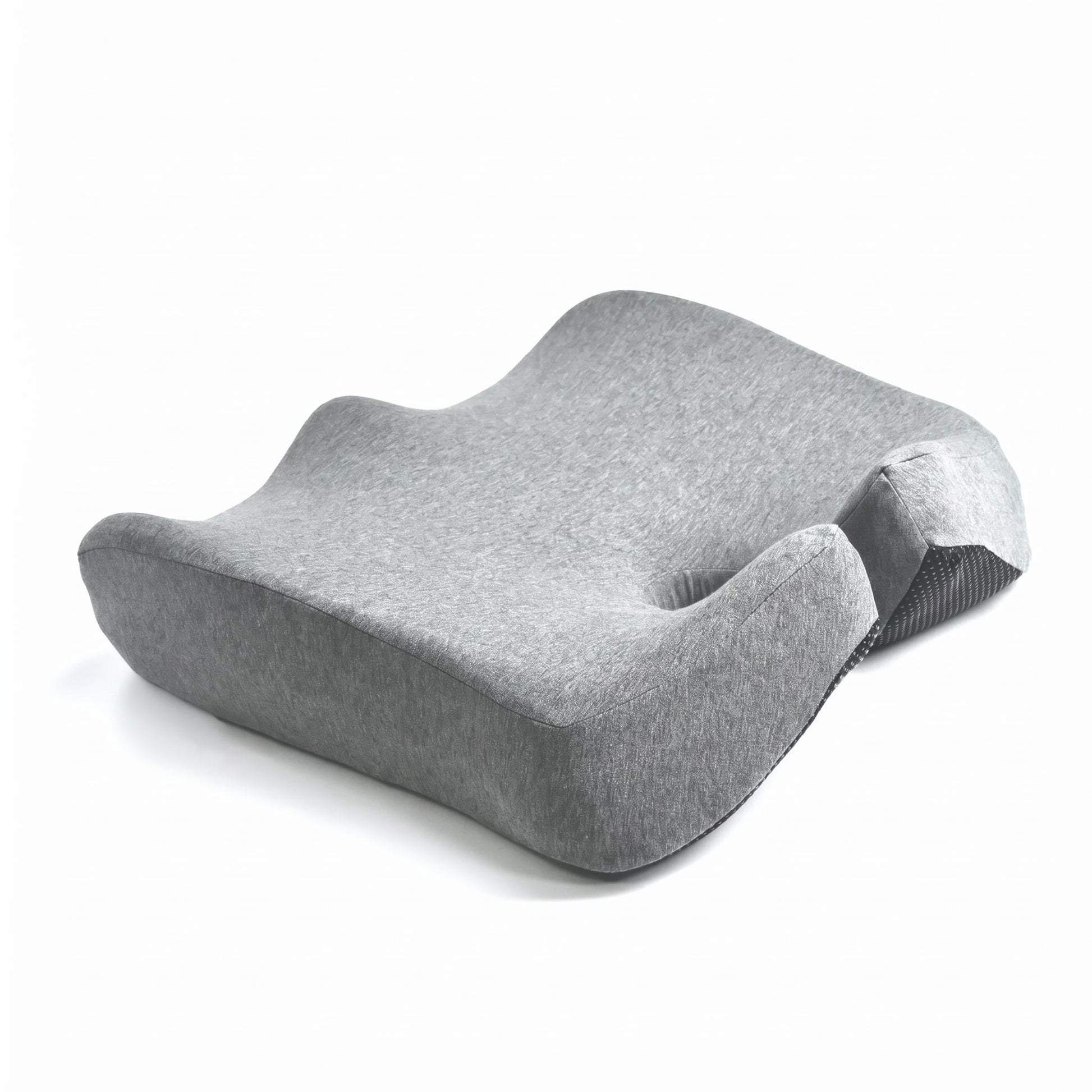 Gray ergonomic seat cushion with contoured design and textured side panels.