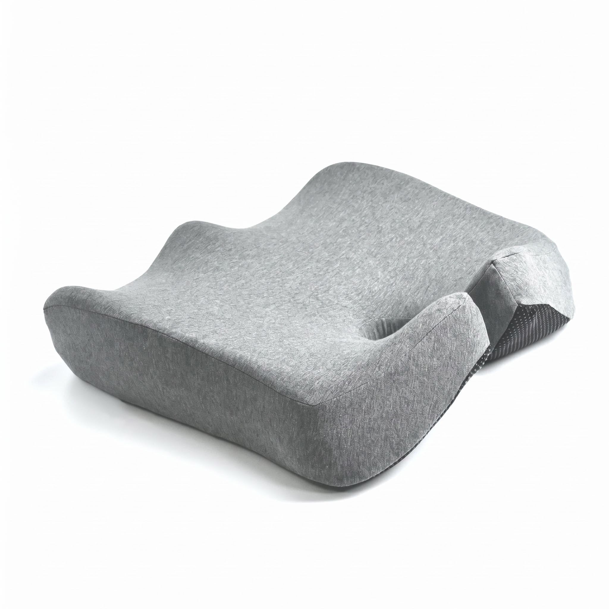 Gray ergonomic seat cushion with contoured design and textured side panels.