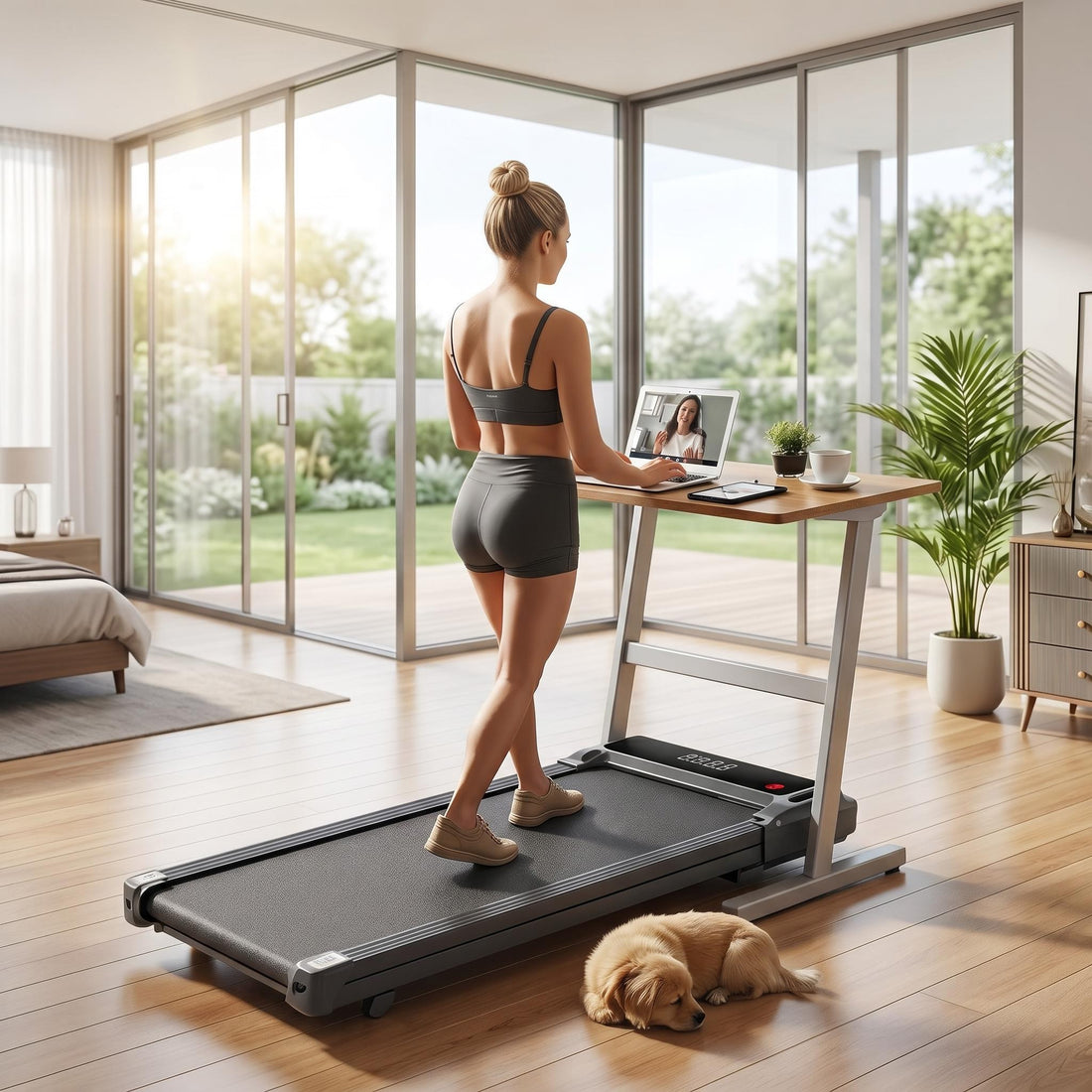 Woman running on a black under-desk treadmill at a standing desk in a modern room.