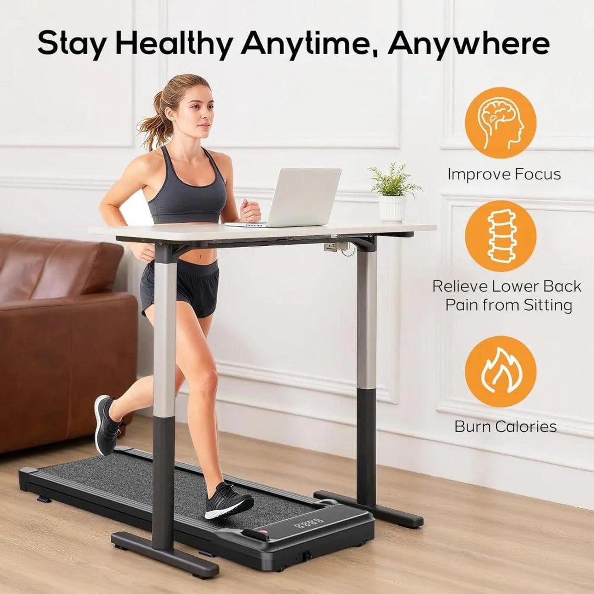 Woman jogging on a black under-desk treadmill at a standing desk.