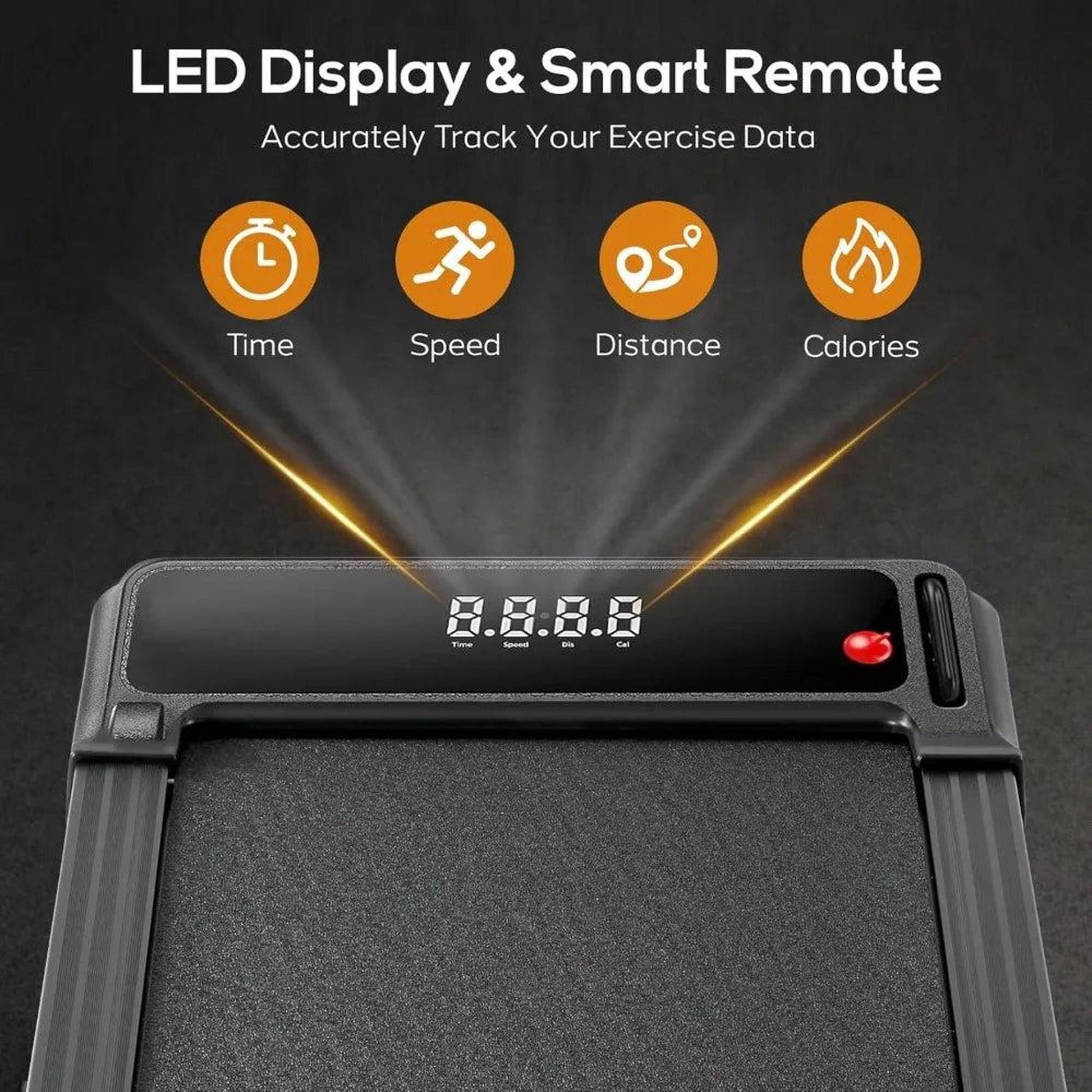 Black under-desk treadmill with an LED display showing time, speed, distance, and calories.
