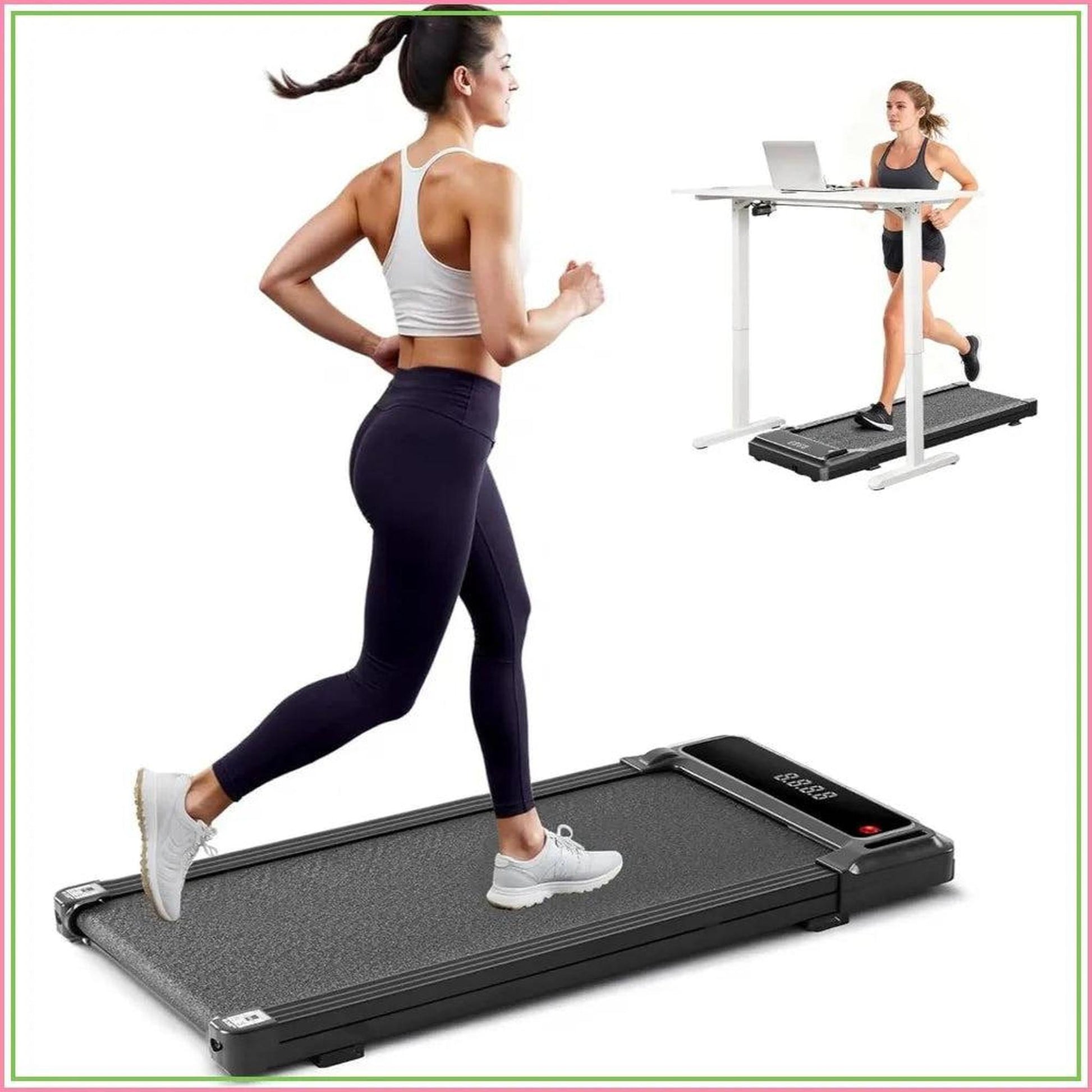 Woman jogging on a black compact under-desk treadmill with an LED display.